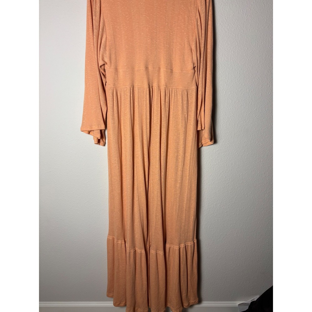 Free People Beach V Neck Maxi Tiered Dress Peach Apricot Long Sleeve L - Picture 6 of 6